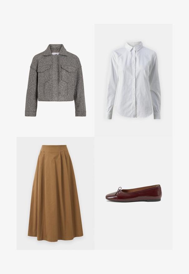 Szara krótka kurtka wykonana z teksturowanej wełny, z wyrazistym kołnierzem, dwiema przednimi kieszeniami oraz prostym krojem.; Biała koszula zapinana na guziki, wykonana z gładkiej bawełny, z klasycznym kołnierzykiem, długimi rękawami i zaokrąglonym dołem. Guziki są małe i białe.; Brąskowa bawełniana spódnica w kształcie litery A z wysokim stanem, z plisami z przodu i gładką fakturą. Wykończenia dołu są czyste i proste.; Bordowe baleriny z lakierowanej skóry z zaokrąglonym noskiem, małą kokardką z przodu oraz niską, czarną gumową podeszwą. Gładka tekstura.