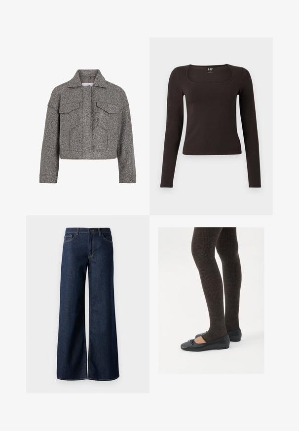 Pelēks īss žakets, kas izgatavots no teksturētas vilnas, ar smailu apkakli, divām priekšējām kabatām un taisnu griezuma dizainu.; Melnas garās piedurknes, pieguļošs tops ar kvadrātveida apkakli, ar uzrakstu GAP, novietots uz baltā fona.; Platas kājas džinsi tumši zilā denima krāsā. Iespējas ir kontrastējošās vīles, piecas kabatas un pogu aizdare jostasvietā. Gluda tekstūra.; Melnas plakano formas kurpes ar mazu loku uz pirksta, apvienotas ar tumši brūnām ribotām zeķubiksēm. Kurpēm ir gluda tekstūra un zems profils.