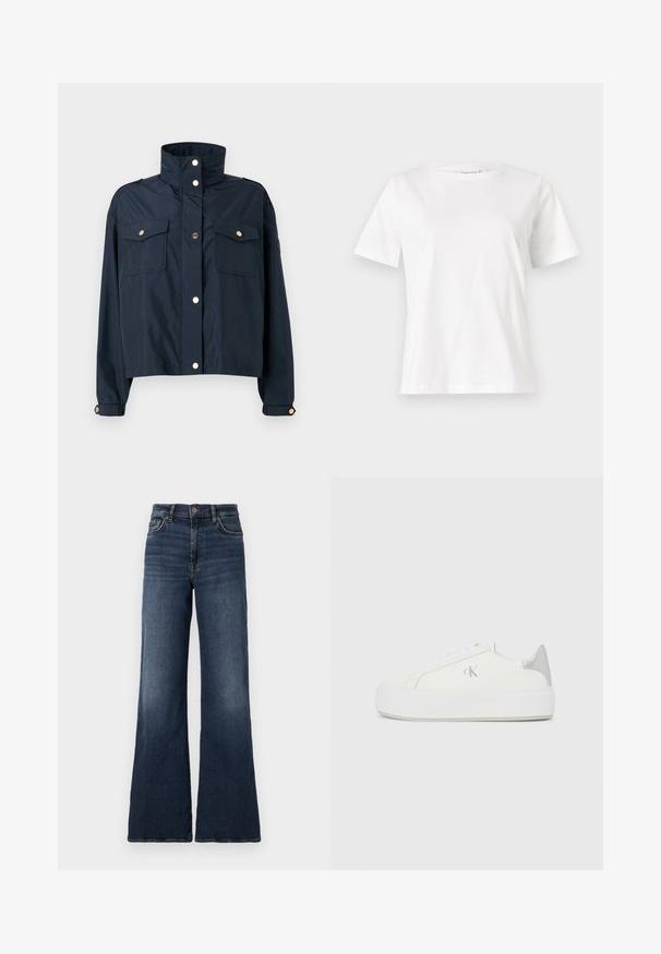 Sacou cropped în nuanță de marină cu guler înalt, două buzunare frontale, închidere cu capse și accente de hardware de aur deschis. Material neted și ușor.; Tricou alb din bumbac cu mâneci scurte, guler rotund și o croială relaxată. Textură netedă, fără imprimeuri sau accente, design minimalist.; Blugi din denim albastru închis, cu picioare largi și talie înaltă. Prezintă un design clasic cu cinci buzunare și o ușoară decolorare pe coapse. Închidere cu buton metalic.; Tenisi albi din pânză cu o talpă albă groasă, având un accent metalic argintiu pe toc și un detaliu subtil al logo-ului pe lateral.