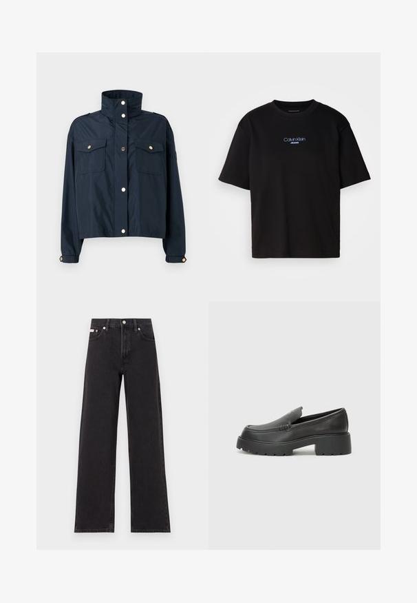 Giacca croppata blu navy con colletto alto, due tasche anteriori, chiusura a pressione e accenti in hardware oro chiaro. Tessuto liscio e leggero.; T-shirt nera in cotone con colletto rotondo, maniche corte e logo ricamato blu "Calvin Klein JEANS" sul davanti.; Jeans neri a gamba larga in denim, con vita alta, styling a cinque tasche e chiusura con bottone metallico e cuciture a contrasto.; Mocassini in pelle nera con punta arrotondata, suola spessa e testurizzata, e minime cuciture. Design elegante senza lacci o parti metalliche visibili.