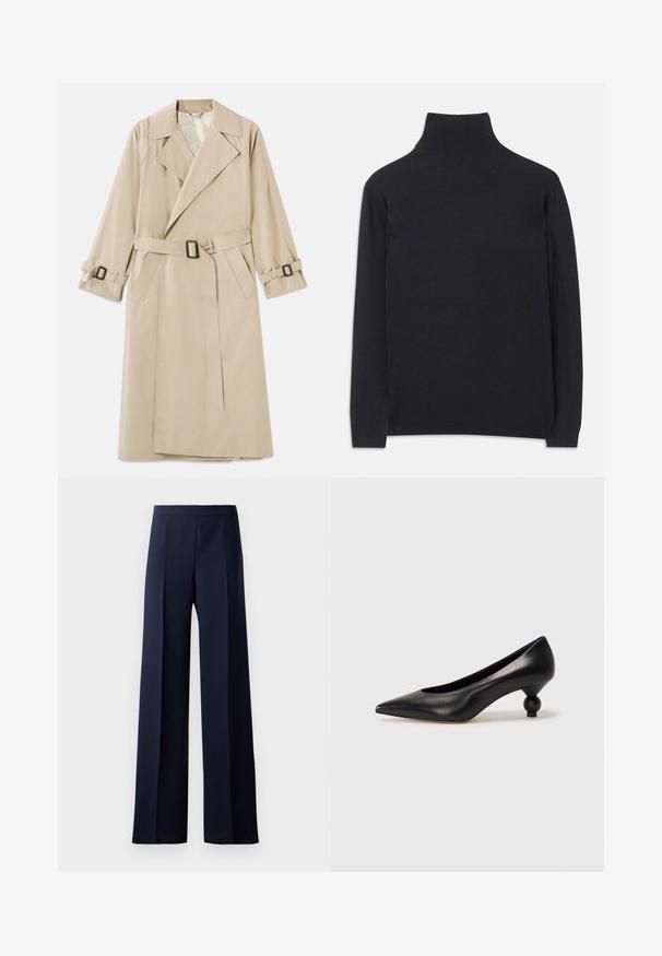 Beżowy płaszcz trench wykonany z gładkiej tkaniny, z szerokim kołnierzem, paskiem z prostokątną klamrą oraz regulowanymi mankietami.; Czarny sweter z golfem wykonany z miękkiego materiału. Posiada długie rękawy, wysoki kołnierz oraz prążkowane mankiety i dół, co zapewnia dopasowany wygląd.; Szerokie spodnie w ciemnonawowym materiale, charakteryzujące się gładką fakturą, dyskretnymi plisami z przodu oraz dopasowanym pasem dla uzyskania wysmuklającej sylwetki.; Czarna skórzana szpilka z ostrym czubkiem i okrągłym, kulistym obcasem. Gładka tekstura z eleganckim, minimalistycznym wzornictwem.