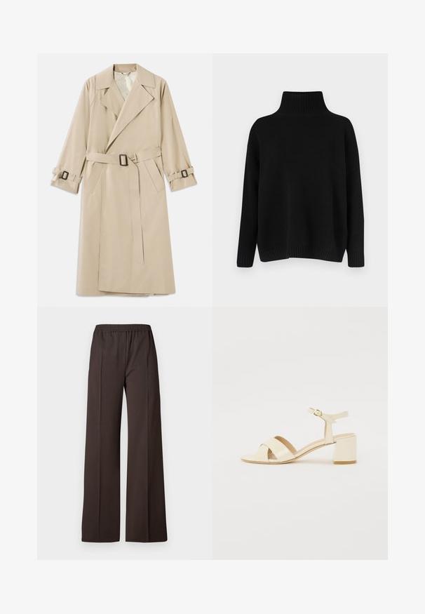Gabardina beige hecha de tejido suave, con un gran cuello, cinturón con hebilla rectangular y correas de manga ajustables.; Jersey negro de punto con un cuello alto acanalado, hombros caídos y un ajuste relajado. Cuenta con puños y dobladillo acanalados para dar textura.; Pantalones de pierna ancha en tela marrón oscuro con cinturilla elástica, que presentan una textura suave y líneas limpias para un aspecto ajustado.; Sandalias de tacón de charol beige con diseño de tira cruzada, puntera abierta, correa ajustable en el tobillo y tacón cuadrado. Textura suave.
