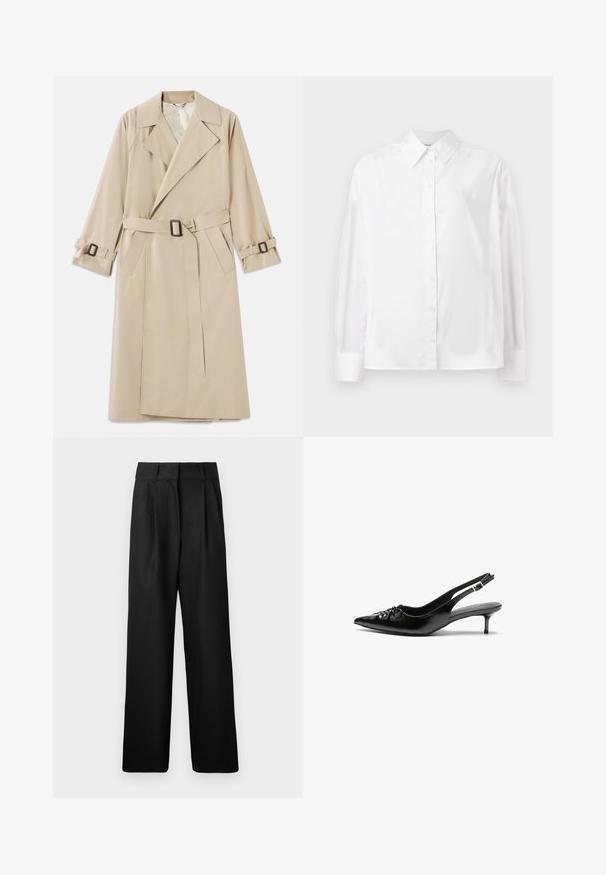 Gabardina beige hecha de tejido suave, con un gran cuello, cinturón con hebilla rectangular y correas de manga ajustables.; Camisa blanca de manga larga con botones, hecha de una suave mezcla de algodón. Cuenta con un cuello clásico, cierre frontal con botones y puños redondeados.; Pantalones de pierna ancha negros con una textura suave, que presentan pliegues frontales y un diseño de cintura alta. Fabricados con una tela ligera.; Tacones slingback de cuero negro con punta afilada, pequeño tacón kitten y un detalle de nudo decorativo en la parte frontal. Textura suave en toda la superficie.