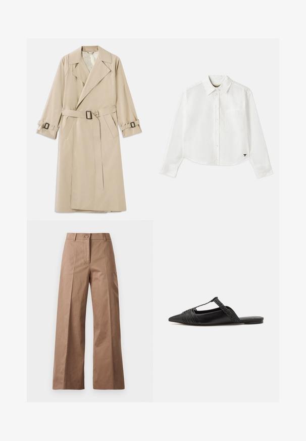 Beige trench coat made of smooth fabric, featuring a wide collar, belt with a rectangular buckle, and adjustable cuff straps.; White cropped long-sleeve shirt made of cotton. Features a button-up front, a chest pocket, and a small black logo on the bottom left.; Brown wide-leg trousers made from a smooth fabric, featuring a front button closure, two front pockets, and clean, tailored lines.; Black leather slingback shoe with a pointed toe, featuring a woven accent and pleated upper design. Flat sole with minimal hardware.