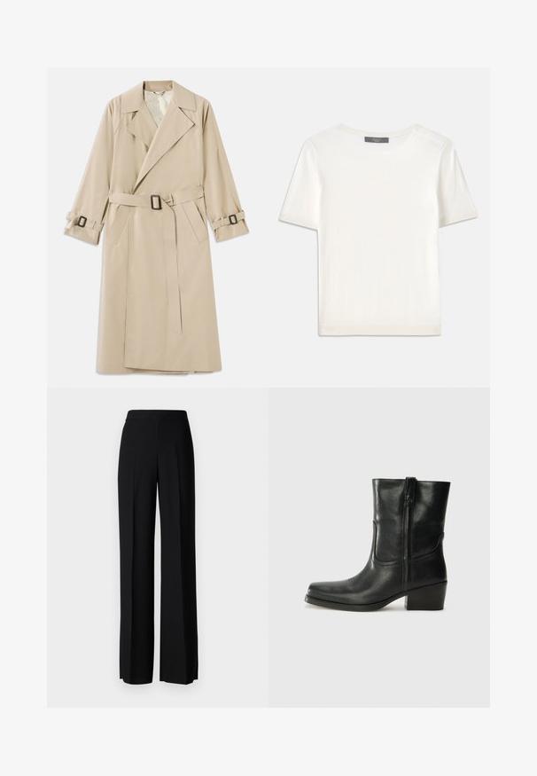 Bež mekani trench kaput izrađen od glatke tkanine, s širokim ovratnikom, remenom s pravokutnom kopčom i podesivim trakama na rukavima.; Bijela kratkotrajna pletena majica s kratkim rukavima i okruglim izrezom, koja se odlikuje glatkom teksturom i suptilnim rebrastim detaljima na rukavima i rubu.; Crne široke hlače s glatkom teksturom, s visokim strukom i središnjim pregibima. Nema vidljivih uzoraka ili hardverskih detalja.; Crne kožne čizme do članaka s okruglim vrhom, blok potpeticom, bočnim patentnim zatvaračem i detaljima od šavova na gornjem dijelu. Glatka tekstura, klasičan dizajn.