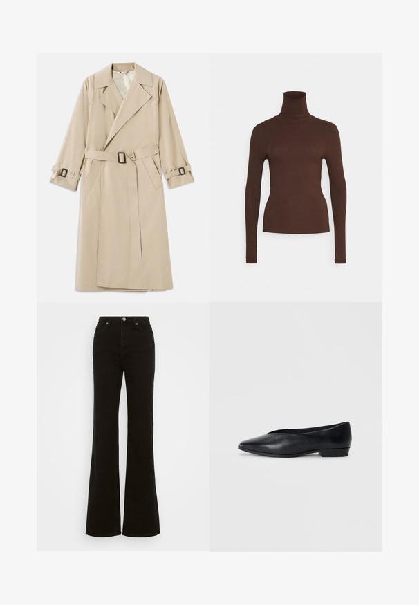 Beżowy płaszcz trench wykonany z gładkiej tkaniny, z szerokim kołnierzem, paskiem z prostokątną klamrą oraz regulowanymi mankietami.; Pieces PCKITTE ROLLNECK - Bluzka z długim rękawem; Czarne dżinsy z wysokim stanem i rozszerzanymi nogawkami, wykonane z denimu, z zapięciem na guzik, bocznymi kieszeniami oraz gładką fakturą.; Czarne skórzane płaskie buty z szpiczastym czubkiem, lekko podwyższonym obcasem i gładką powierzchnią. Prosty design bez widocznych elementów metalowych czy wzorów.