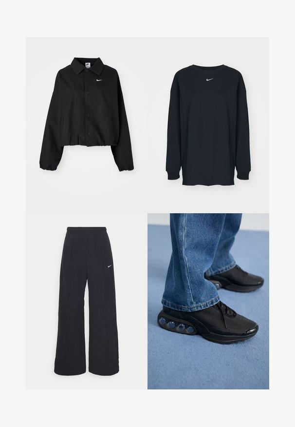 Svart cropped jakke med knappestolpe foran, lange ermer og elastisk kant. Har en liten hvit Nike-logo på brystet.; Svart langermet T-skjorte laget av bomull med rund hals. Har en hvit Nike-logo på brystet. Myk tekstur, enkelt design.; Svarte vide bukser med elastisk linning og en liten hvit Nike-logo. Stoffet har en glatt tekstur, designet for komfort og uformell bruk.; Svart treningssko med mesh-overdel, teksturerte detaljer og synlige luftputepoder i sålen. Bærer med blå denimjeans.