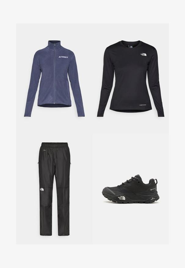 Mornarska flis jakna s visokim ovratnikom, punim patentnim zatvaračem i logotipom na prsima. Ima dugačke rukave i bočne džepove. Mekani, teksturirani materijal.; The North Face SHADOW LONG SLEEVE - Top dugih rukava - black; Crne vodootporne hlače napravljene od lagane tkanine, s elastičnim pojasom, bočnim džepovima i logotipom na lijevoj nozi.; Crne planinarske cipele s teksturiranim gornjim dijelom, zatvaranjem na vezivanje i debelim gumenim potplatom koji sadrži istaknuti logo na strani i uzorke na gaznom sloju.
