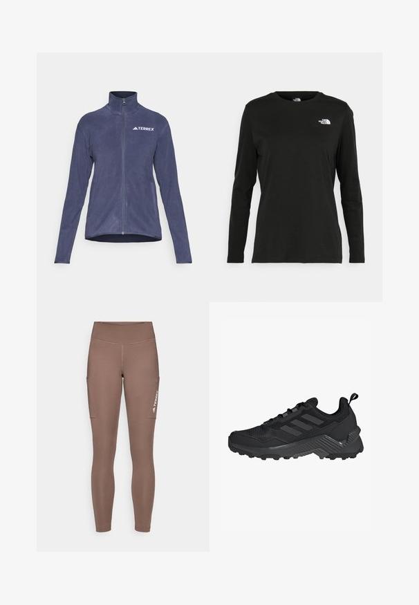 Marineblå fleecejakke med høy krage, full glidelås og logo på brystet. Har lange ermer og sidelommer. Mykt, strukturert materiale.; Svart langermet T-skjorte laget av bomull med rund hals. Har en liten hvit logo på venstre brystområde. Enkelt design og passform.; Brune atletiske leggings med høy midje, med sidelommer og en hvit logo. Glatt, elastisk stoff for komfort og bevegelighet.; Svart idrettssko med mesh-overdel, design med tre striper, formet hæl og robust yttersåle med fremtredende støtteknopper.