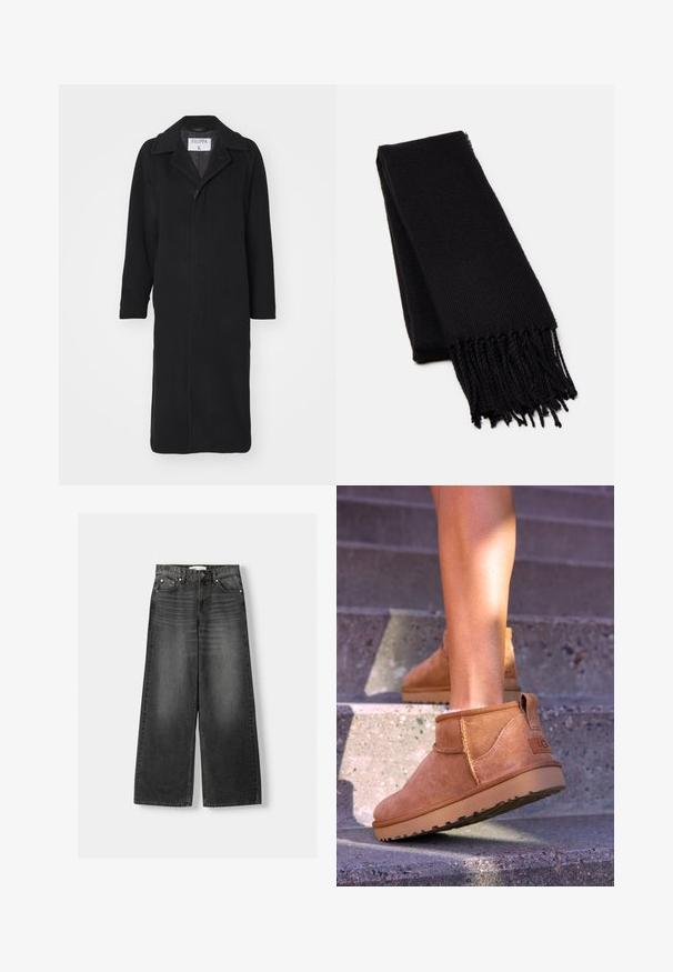 Filippa K CARCOAT - Klassisk frakke - black; Sort crew-neck sweater med lange ærmer, ribbede manchetter og kant, lavet af blødt materiale. Enkel, ren design uden mønstre eller aksenter.; Bredde ben, højtaljede jeans i mørkegrå denim. Har fem lommer, metalnitter og bæltestropper. Glat tekstur med let falming.; Tan ruskind ankelstøvler med en blød tekstur, stikninger og en gummisål, der har en løkkehælkappe for nem på- og aftagning.; Sort tørklæde lavet af et blødt, tekstureret stof. Har frynsede kanter og en rektangulær form, der er velegnet til at drape omkring halsen.; Vævet læderhåndtaske i dyb burgunder, firkantet form med et afrundet håndtag og struktureret overflademønster. Minimalistisk design.