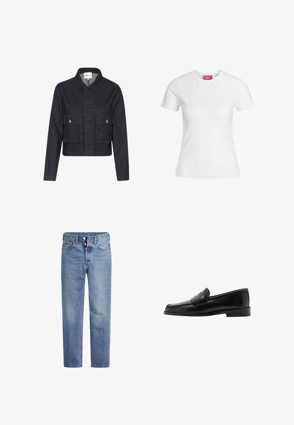 Tamna traper jakna s ovratnikom, skraćenog kroja, dva prednja džepa s preklopom i srebrnim kopčama. Vidljive su jednostavne šavove.; Bijela pamučna majica s kratkim rukavima i okruglim izrezom. Ima ružičastu oznaku na unutarnjoj strani ovratnika. Glatka tekstura.; Svijetloplave traperice ravnog kroja, s pet džepova i dugmetom za zatvaranje. Imaju suptilno izbljeđivanje i akcentirane narančaste šavove.; Crne kožne mokasine s zakrivljenim siluetom, ukrasnom trakom, teksturiranim šavovima i ravnim gumiranim potplatom. Glatka završna obrada i elegantan dizajn.