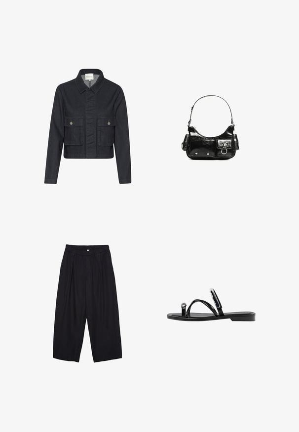Temno denim jakna s ovratnikom, skrajšano krojena, z dvema sprednjima žepoma s poklopcem in srebrnimi gumbi. Vidne so preproste šivane podrobnosti.; Črna kratkotrajna majica s kratkimi rokavi, narejena iz mehkega materiala. Ima klasičen krožni izrez in sproščen kroj. Ni vidnih vzorcev ali dodatkov.; Črne poliesterske culotte hlače z elastičnim pasom, dvema sprednjima nabiranjema in ohlapnim krojem. Brez vidnih vzorcev ali kovinskih detajlov.; Črne ravne sandale s sijajno končno obdelavo, tremi tankimi trakovi in okroglo kovinsko podrobnostjo na prstih. Elegantna zasnova z minimalnim peto.; Črna lakasta usnjena torbica s ukrivljeno obliko, enim ramenskim trakom, sprednjimi žepi in srebrnimi kovinskimi dodatki.