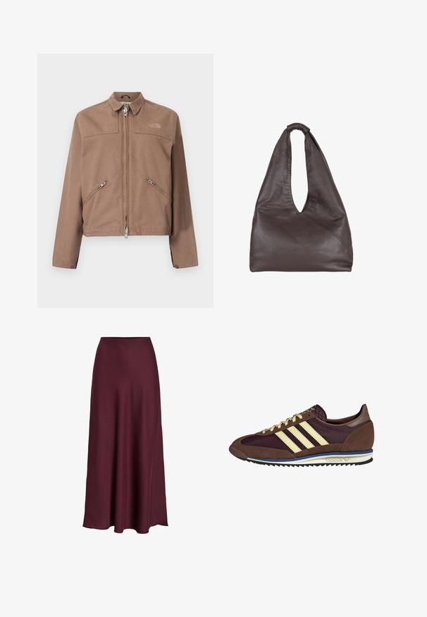 Hnedá bunda so zipsom vpredu, dvoma šikmými bočnými vreckami a špicatým golierom. Obsahuje jemné logo na ľavej hrudi a gombíkové manžety.; Šedá mikina s nápisom "PARÍŽ" v tučnom svetlomodrom písmene napísaným na prednej strane. Má okrúhly výstrih a rebrované manžety a lem.; Burgundská saténová maxi sukňa s hladkou textúrou, vysokým pásom a splývavým strihom, ktorý sa jemne rozširuje smerom k lemovaniu.; Hnedé a bordové tenisky z semišu a sieťoviny, s tromi krémovými pruhmi, textúrovanou tkaninou na jazyku a gumovou podrážkou.; Hnedá kožená taška s uvoľneným, nadrozmerným dizajnom. Obsahuje slučkovú rukoväť a hlboké vykrojenie do V pre jednoduchý prístup. Mäkka textúra, minimalistický štýl.