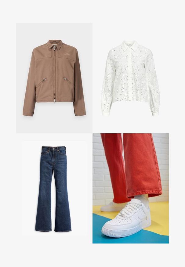 Pruun jakk, millel on tõmblukk ees, kaks nurga all küljetaskut ja terav krae. Esitleb diskreetset logo vasakul rinnal ja nööpidega mansetid.; Valge pikakäine särk, millel on kraed, paisleimustriga silmadega tikandid ja ettepoole nupud.; Kõrgelt talje sinised teksapüksid, flöödid säärtedega, ees nupuga ja tõmbluku sulgemine ning viie-tasku disain.; Valge nahast tennis, millel on perforeeritud varvas, tekstureeritud tallad ja valged shoelaces, kombineeritud laia punase pükste ja sinise ning kollase taustaga.