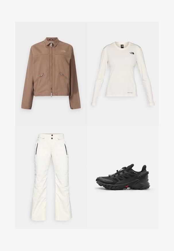 Giacca marrone con zip sul fronte, due tasche laterali inclinate e colletto a punta. Presenta un logo discreto sul lato sinistro del petto e polsini con bottone.; The North Face SHADOW LONG SLEEVE - Maglietta a manica lunga - white dune; Pantaloni da sci bianchi con una texture liscia, dotati di due tasche laterali con zip, due bottoni in vita e un design della gamba leggermente svasato.; Scarpe da ginnastica nere con una parte superiore texturizzata, dotate di un sistema di lacci sicuro, suola ammortizzata e un evidente accento rosso sul lato.