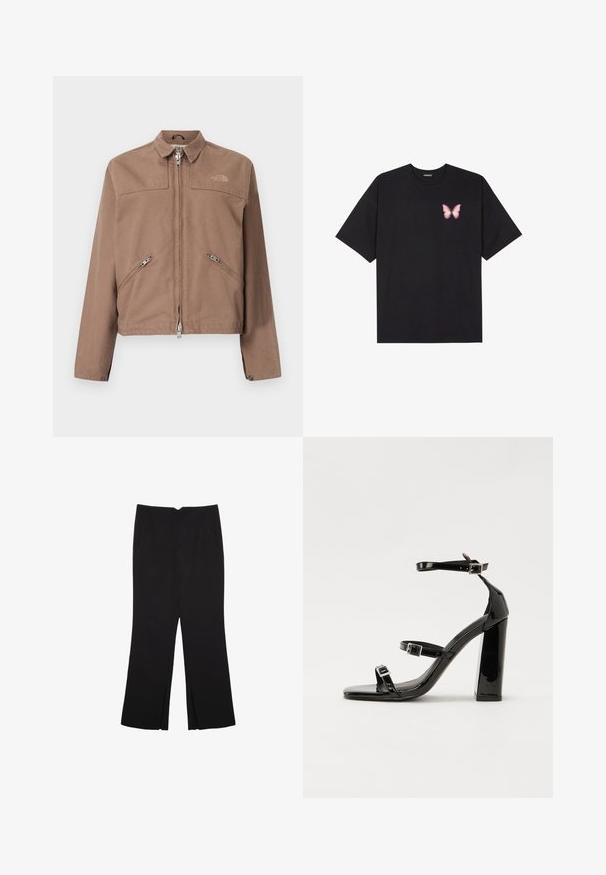 Ruskea takki, jossa on vetoketju edessä, kaksi kulmaista sivutaskua ja kärjellinen kaulus. Vasemman rinnan kohdalla on huomaamaton logo ja nappikiinnitteiset hihansuut.; Musta puuvillapaita lyhyillä hihoilla, jossa on pieni vaaleanpunainen perhosgrafiikka vasemmassa rinnassa. Pyöreä kaula-aukko ja rento istuvuus.; Mustat housut suoralinjaisella leikkauksella, joissa on etutaskut ja sivurei'ät helman alla. Valmistettu pehmeästä ja sileästä kankaasta. Sopii eri tilaisuuksiin.; Musta kiiltävä korkokenkä sandaalit neliönmuotoisella varpaalla, nilkkaremmillä ja hopeisilla soljilla. Varustettu tukevalla lohkokorkealla vakauden takaamiseksi.