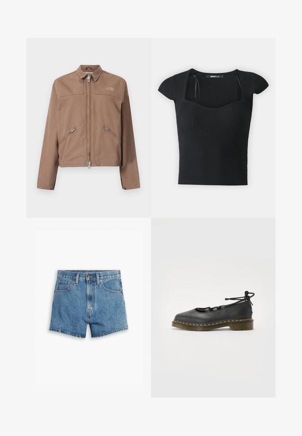 Ruda striukė su užtrauktuku priekyje, dviem pasvirusiomis šoninėmis kišenėmis ir smaigalio formos apykakle. Apykaklėje yra subtilus logotipas kairėje krūtinės pusėje ir mygtukinės rankovės.; Juodas dryžuotas megztinis su trumpomis rankovėmis, kvadratiniu iškirpimu ir tekstūriniu detalizavimu ant liemens. Etiketė matoma viduje apykaklės.; Šviesiai mėlyni džinsiniai šortai, turintys penkis kišenes, užtrauktuko užsegimą ir mygtuko uždarymą. Apačia yra nusidėvėjusi, o dizainas yra laisvo pjūvio.; Juodas odinis batelis su apvalia nosimi, žemu kulnu, raištelių detalizacija ir geltonomis siūlėmis palei padą. Lygus paviršius su matinio finišo.