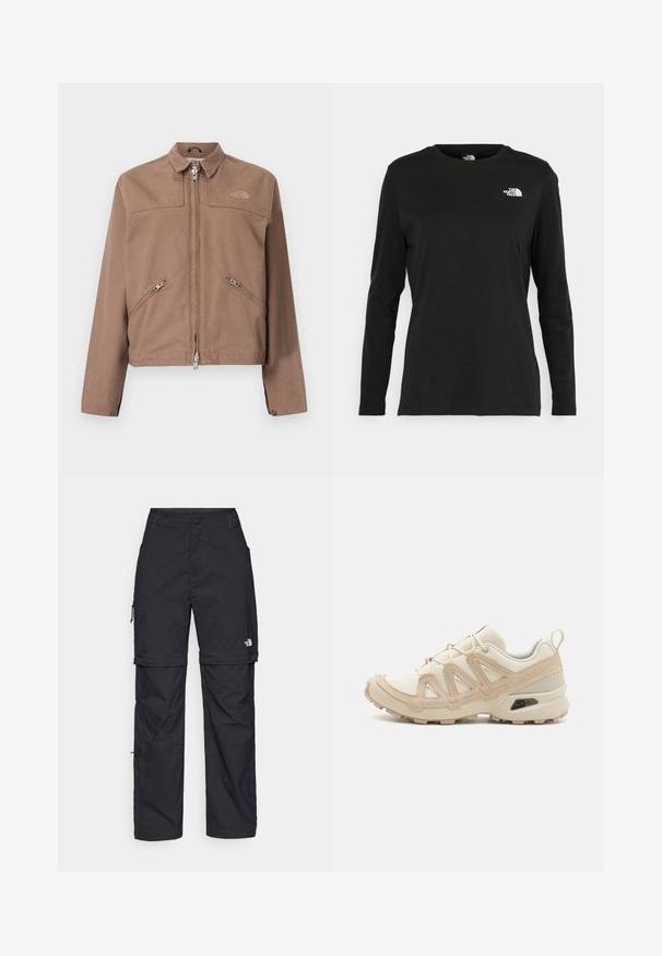 Bruine jacket met een rits aan de voorkant, twee schuine zijzakken en een puntige kraag. Heeft een subtiele logo op de linkerborst en knoopsluiting aan de mouwen.; Zwart langsluiting T-shirt van katoen met een ronde hals. Heeft een klein wit logo op de linkerkant van de borst. Eenvoudig ontwerp en pasvorm.; Zwarte nylon cargo broek met afneembare pijpen, verstelbare manchetten, meerdere zakken en een logo op het rechterbeen. Gladde, lichte textuur.; Beige en crème sportschoen met een textuur-mesh bovenwerk, ondersteunende overlays en een rubberen zool met een profielpatroon voor grip.