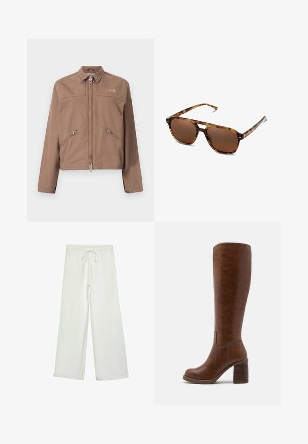 Brun jakke med lynlås foran, to skrå sidelommer og en spids krave. Har en diskret logo på venstre bryst og knapmanchetter.; Hvid kortærmet t-shirt lavet af bomuld. Har en rund halsudskæring og en afslappet pasform. Glat tekstur uden synlige mønstre eller detaljer.; Hvide bukser med bred ejer lavet af blødt stof. Har en elastisk talje med snor og en glat tekstur. Ingen synlige mønstre eller hardware.; Brune knæhøje støvler lavet af glat kunstlæder, med spids tå, blokhæl med lodrette riller og et minimalistisk design.; Skildpaddemønstrede solbriller med brune linser, rektangulær form og tynde arme. Har subtile metalliske accenter på rammen.