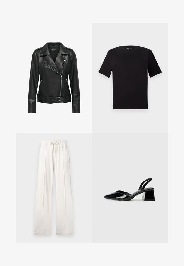 Svart läderbikerjacka med silverdetaljer, dragkedjestängning, notch-krage och bälte i midjan. Har lång ärm och texturerat utseende.; Svart kortärmad t-shirt med rund halsringning, tillverkad i mjukt bomullstyg. Enkelt mönster, utan synliga logotyper eller mönster.; Ljust beige sweatpants i mjukt tyg, med dragsko i midjan, vida ben och vertikala sömmar, med en slät textur.; Svarta lackläder slingback klackar med spetsig tå och geometrisk klack. Har en elegant, minimalistisk design och slät yta.