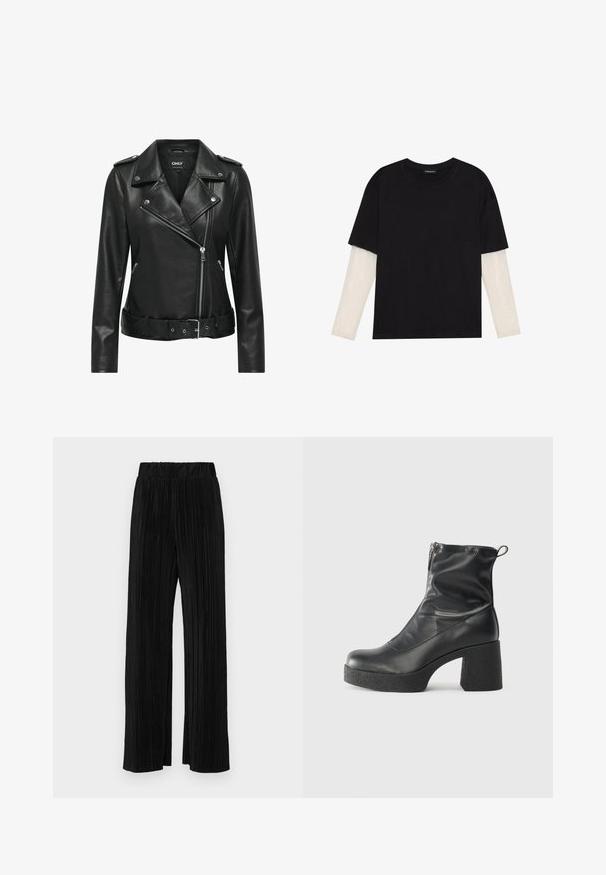Črna usnjena motoristična jakna s srebrnimi dodatki, zadrgo, poševnim ovratnikom in pasom. Ima dolge rokave in teksturiran videz.; Črna majica iz bombaža s kratkimi rokavi, ki pokriva belo dolgi rokav z subtilnim teksturiranim vzorcem. Oblika izrezanega vratu.; Črne plisirane hlače z elastičnim pasom. Imajo široke noge in gladko, teksturirano tkanino z navpičnimi črtami.; Črne gležnjarje iz gladke kože z božnim zadrgo, masivnim teksturiranim peto in zaobljeno obliko prstov.