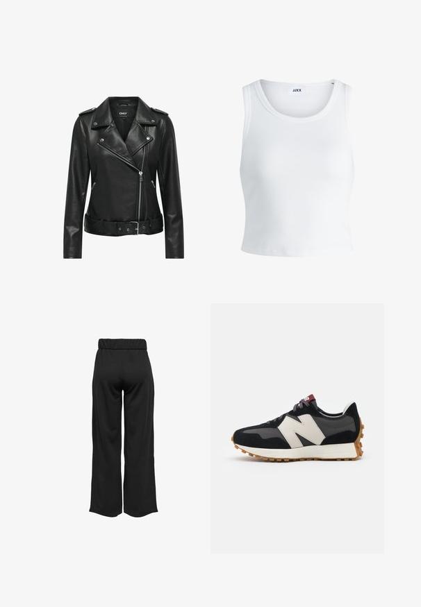 Schwarze Leder-Bikerjacke mit silbernem Zubehör, Reißverschluss, eingesetztem Kragen und tailliertem Gürtel. Mit langen Ärmeln und strukturiertem Finish.; Weißes, geripptes Tanktop mit rundem Halsausschnitt, ärmellosem Design und kurzer Länge. Das Etikett trägt die Aufschrift "JJXX". Glatte Stoffstruktur.; Schwarze, weit geschnittene Hose mit elastischem Bund, aus glattem Stoff gefertigt. Hat ein cleanes Design ohne Taschen oder sichtbare Nähte.; Schwarze und graue Wildledersneaker mit einem großen cremefarbenen "N"-Logo, lila Schnürsenkeln und einer strukturierten Gummisohle.