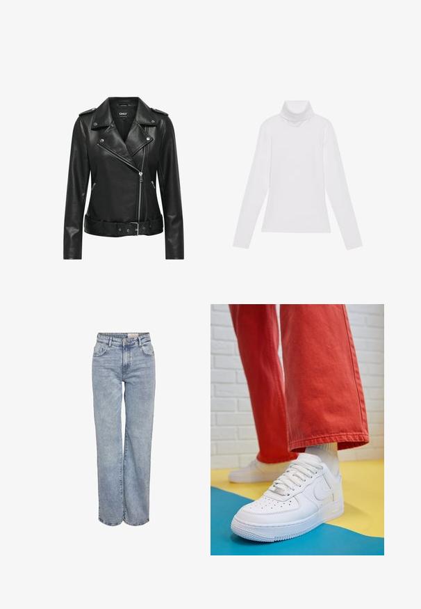 Černá kožená motocyklová bunda se stříbrným kováním, zipovým zapínáním, klopovým límcem a páskem v pase. Má dlouhé rukávy a texturovaný povrch.; Bílý dlouhý rukáv rolák vyrobený z hladkého, elastického materiálu. Má vysoký límec a přiléhavý střih, bez viditelných vzorů nebo ozdob.; Světle modré široké džíny vyrobené z denimové tkaniny, s vysokým pasem, designem se šesti kapsami a jemným zesvětlením pro opotřebovaný vzhled.; Bílé kožené tenisky s perforovanou špičkou, texturovanou podešví a bílými tkaničkami, v kombinaci s širokými červenými kalhotami a modro-žlutým pozadím.