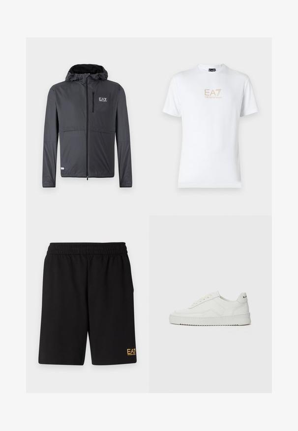 Lightweight black jacket with a hood, featuring a zippered pocket and logo detail on the upper left side. Made of smooth, water-resistant fabric.; White cotton t-shirt featuring a round neckline and short sleeves, with a gold EA7 Emporio Armani logo printed on the front.; Black athletic shorts made of soft fabric,Featuring an elastic waistband and a small yellow EA7 logo on the lower left leg.; White leather sneaker with a smooth finish, round toe, flat laces, and a textured sole. Features a subtle logo on the heel.