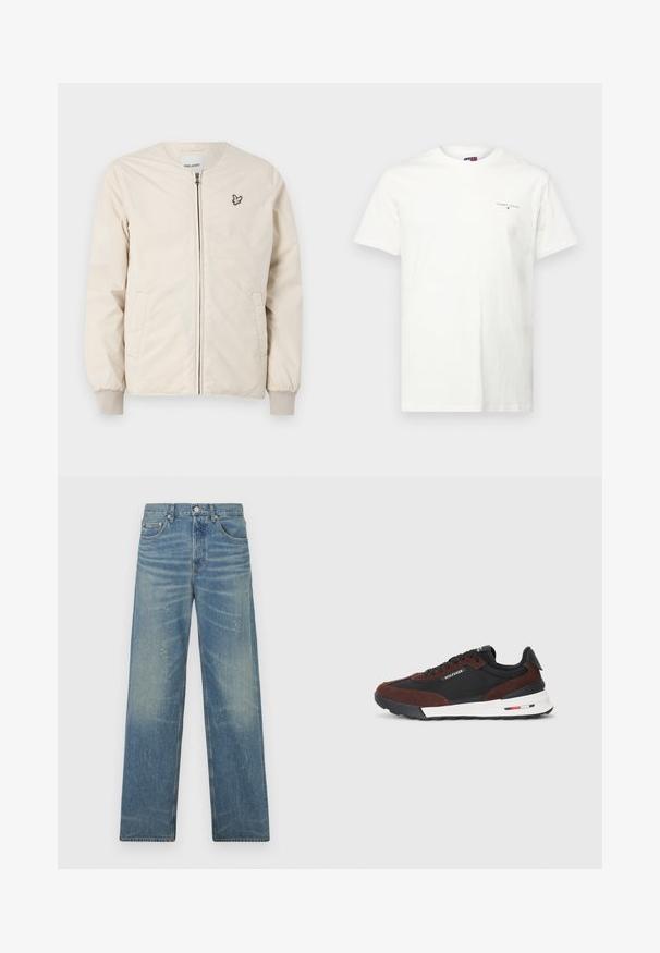 Lys beige bomberjakke med rund hals, glidelås foran og to sidelommer. Har et lite, brodert logo på brystet.; Hvit bomull T-skjorte med korte ermer, V-hals, og en liten brodert logo på venstre bryst. Jevn tekstur og vanlig passform.; Blå straight-leg jeans med falmet vask, let malingstænk, frontknap og fem lomme-design på hvid baggrund.; Tommy Hilfiger RETRO RUNNER MIX - Joggesko - black/cocoa