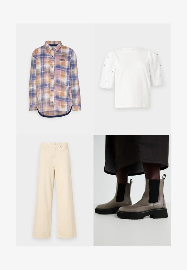 Columbia BENTON SPRINGS™ SHIRT JACKET II - Flīsa jaka - nocturnal; Balta kokvilnas t-kreklu ar īsām puff piedurknēm, ar nelieliem sudraba rotājumiem gar piedurknēm. Klasisks apaļš izgriezums, brīvā piegriezuma.; Bežīgas platpēdas džinses, izgatavotas no kokvilnas. Iekļauj pogu aizdari, jostas cilpas un priekšējos kabatas ar gludu, mīkstu tekstūru.; Pelēki potītes zābaki, kas izgatavoti no teksturētas ādas, ar elastīgām sānu paneļām un masīvu melnu zoli. Ar vilkšanas cilpām vieglai uzvilkšanai.