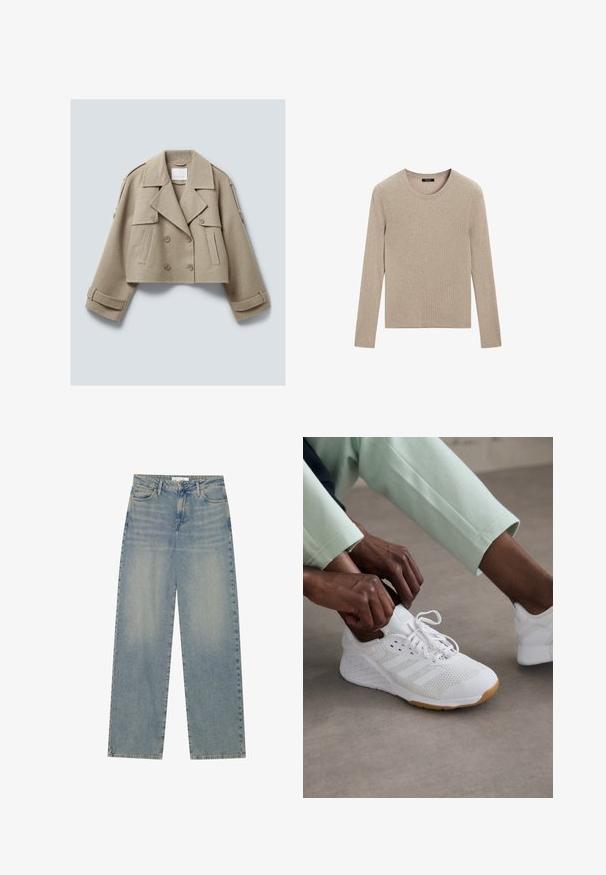 Beige kort uld dubbeltradet jakke med brede klapper, knap-lukket klaplommer og stropdetaljer på manchetter og skuldre.; Massimo Dutti RIBBED CREW NECK - Striktrøje - LIGHT BROWN; Lyseblå højtaljede lige ben jeans i denim med forlommer, bæltestropper og synlig knap- og lynlåslukning.; Hvid sportssko med en overdeles i mesh, gummisål og design med tre striber. Snørebåndene justeres; let grå og mintgrønne klæder synlige.