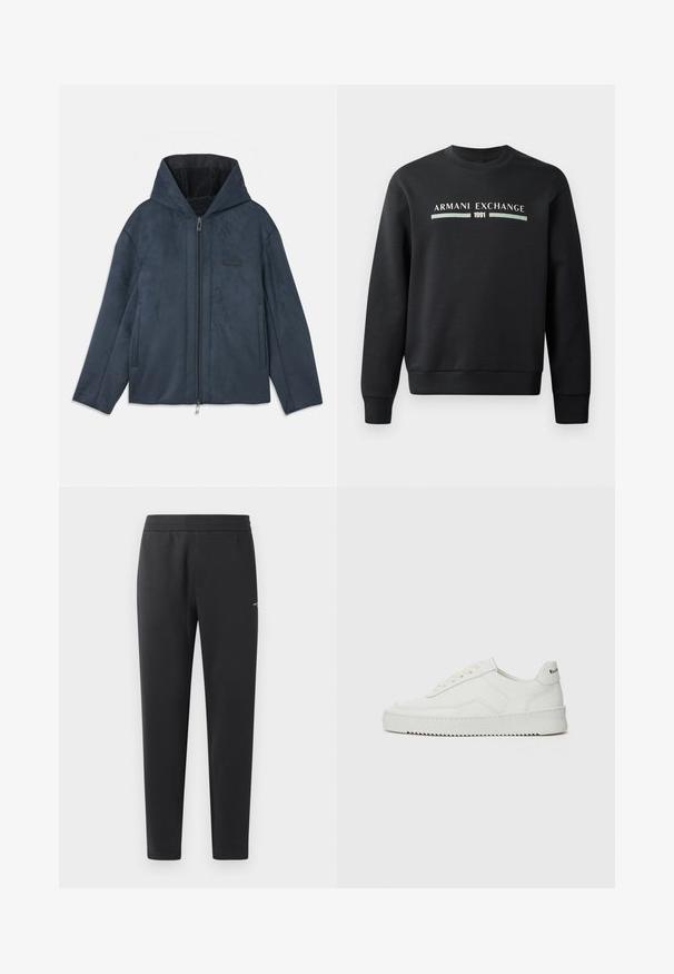 Temno modra kapuca jakna iz mehkega materiala, ki spominja na semiš, z zadrgo spredaj, stranskimi žepe in puhasto notranjo podlogo.; Črna trenirka iz mehkega materiala. Ima okroglo izrezano vratno odprtino in dolge rokave. Na sprednji strani je prikazano "ARMANI EXCHANGE" in "1991" v kontrastnih barvah.; Črne trenirka hlače iz mehkega blaga, z elastičnim pasom, ravnimi nogami in z enim majhnim logotipom na strani.; Bela usnjena športna obutev z gladko površino, okroglo prst, ravne vezalke in teksturiran podplat. Ima diskretno logo na peti.