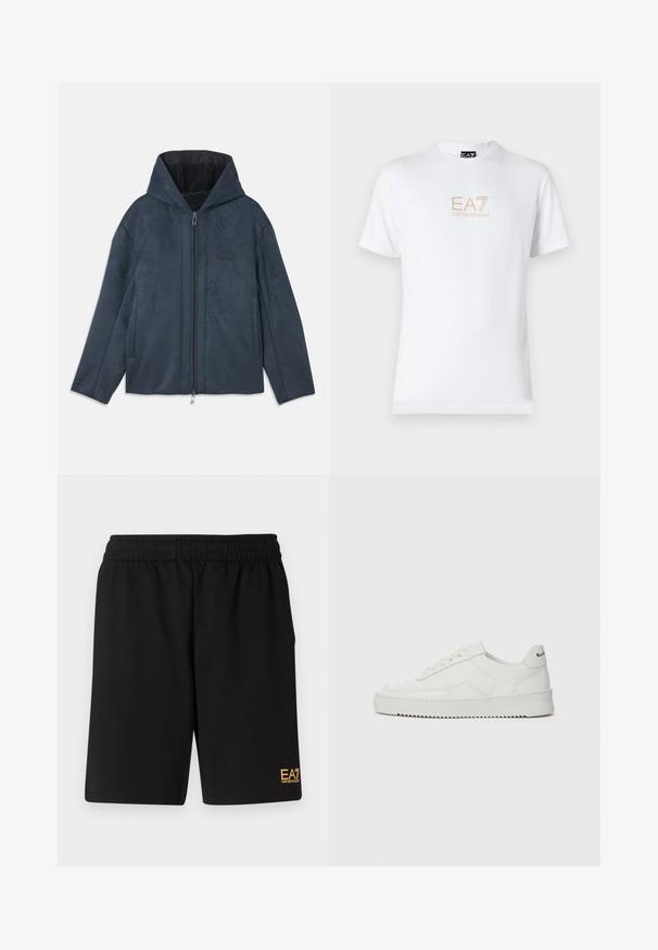Temno modra kapuca jakna iz mehkega materiala, ki spominja na semiš, z zadrgo spredaj, stranskimi žepe in puhasto notranjo podlogo.; Bela bombažna majica s krožnim izrezom in kratkimi rokavi, s pozlačenim logotipom EA7 Emporio Armani natisnjenim spredaj.; Črne športne kratke hlače iz mehkega blaga, z elastičnim pasom in majhnim rumenim logotipom EA7 na spodnjem levem delu noge.; Bela usnjena športna obutev z gladko površino, okroglo prst, ravne vezalke in teksturiran podplat. Ima diskretno logo na peti.