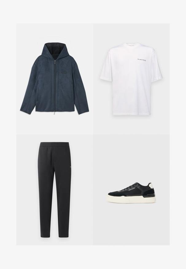 Tumši zilas krāsas uzvalku jakas ar kapuci, kas izgatavota no mīksta, zamšādas līdzīga materiāla, ar rāvējslēdzēju priekšā, sānu kabatām un mīkstu iekšējo oderi.; Baltas īsām piedurknēm T-kreklis no kokvilnas ar V veida kakla izgriezumu, uz kura kreisajā pusē ir melns "FILLING PIECES" logo.; Melni sporta bikses, kas izgatavotas no mīkstas auduma, ar elastīgu jostasvietu, taisnām kājām un nelielu logotipa detaļu sānos.; Melnas sporta kurpes, kas izgatavotas no sieta un ādas, ar biezām baltām zoles un kontrastējošiem akcentiem. Mežģīņu un logo detaļa sānos.