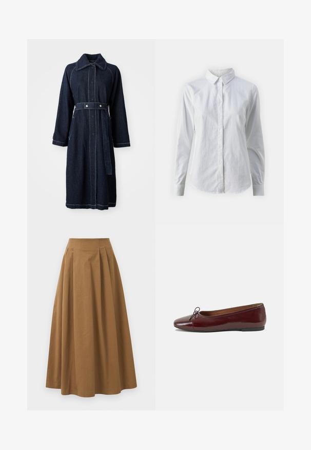 Σκούρο τζιν παλτό με γιακά, μακρύ μανίκι και ζώνη στη μέση. Διαθέτει αντίθετη λευκή ραφή και πλαϊνές τσέπες.; Λευκή πουκαμίσα με κουμπιά, φτιαγμένη από λείο βαμβάκι, με κλασικό γιακά, μακριά μανίκια και καμπυλωτό στρίφωμα. Τα κουμπιά είναι μικρά και λευκά.; Καφέ βαμβακερή φούστα Α-γραμμής με ψηλή μέση, που διαθέτει πτυχές μπροστά και λεία υφή. Οι τελειώματα στο στρίφωμα είναι καθαρά και απλά.; Μπορντό παρθένα δερμάτινα μπαλαρίνες με στρογγυλή μύτη, μικρή διακόσμηση φιόγκου στο μπροστινό μέρος και χαμηλή, μαύρη καουτσούκ σόλα. Λείος υφής.