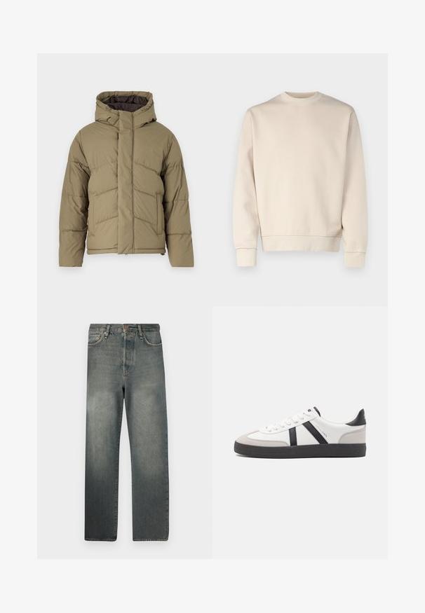 Jack & Jones JJWORLD brązowy; Beżowy sweter w luźnym kroju, z okrągłym dekoltem, długimi rękawami, prążkowanymi mankietami i dołem. Gładka faktura z minimalnym zdobieniem.; Jack & Jones JJIALEX JJCOOPER czarny denim; Białe sneakersy z czarnymi i szarymi akcentami, z teksturowanym szarym czubkiem, czarną gumową podeszwą i płaskimi białymi sznurowadłami. Czysty design, minimalistyczny styl.