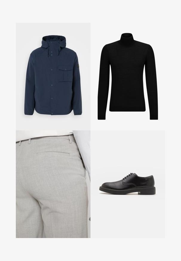 Navy blue jacket with a hood, front buttons, side pockets, and a chest pocket. Made from a smooth, durable material with a relaxed fit.; Black turtleneck sweater made of soft material, featuring long sleeves and a snug fit. Ribbed trim at the hem and cuffs. Simple design.; Light gray tailored trousers made of textured fabric, featuring a single back pocket and clean stitching.; Black leather lace-up shoe with a rounded toe, smooth texture, minimal stitching, and a low rubber heel. Logo on the heel.
