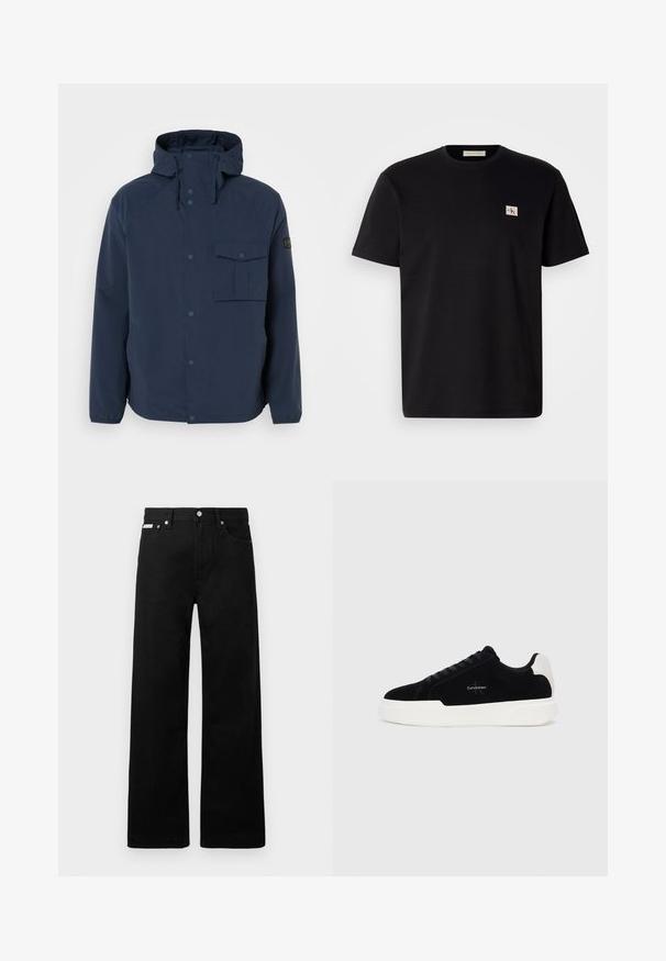 Casaco azul marinho com capuz, botões frontais, bolsos laterais e um bolso no peito. Feito de um material suave e durável, com um corte descontraído.; T-shirt de algodão preto com mangas curtas, gola redonda e um pequeno logotipo bordado no lado esquerdo do peito. Textura suave, corte regular.; Calças de ganga pretas com um design de pernas largas, apresentando cinco bolsos e fechos metálicos. Textura suave, sem padrões visíveis.; Sapatilha preta de cano baixo com sola e aba do calcanhar brancas, com atacadores à frente e logotipo da Calvin Klein na lateral.