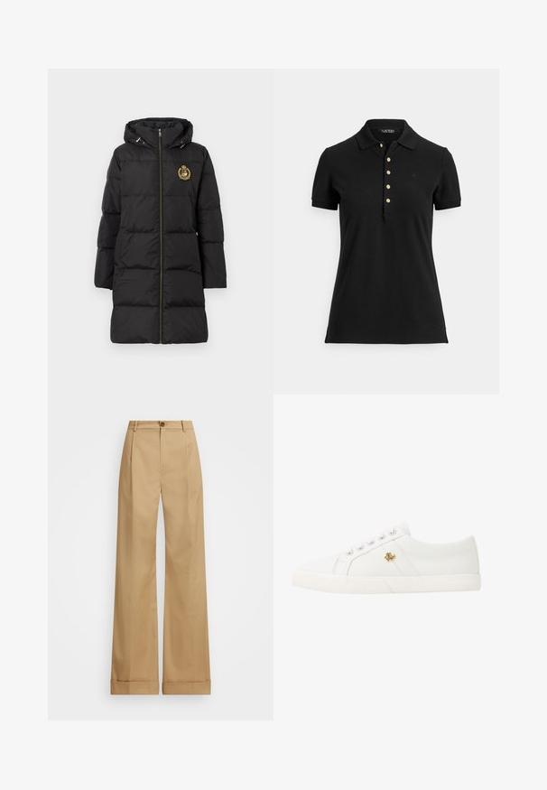 Crna puffer jakna s kapuljačom, ukrašena zlatnim grbom, okomitim prošivima i zatvaračem sprijeda. Glatke teksture i srednje dužine.; Crna polo majica od teksturiranog tkanja, s ovratnikom, kratkim rukavima i preklopom s zlatnim gumbima. Diskretan logo na prsima.; Bež hlače širokog kroja s dugmetom za zatvaranje, s glatkom teksturom i naboranim pregibima. Hlače imaju rubove sa manžetama za dodatnu dekoraciju.; Lauren Ralph Lauren JANSON II CANVAS SNEAKER - Tenisice - optic white