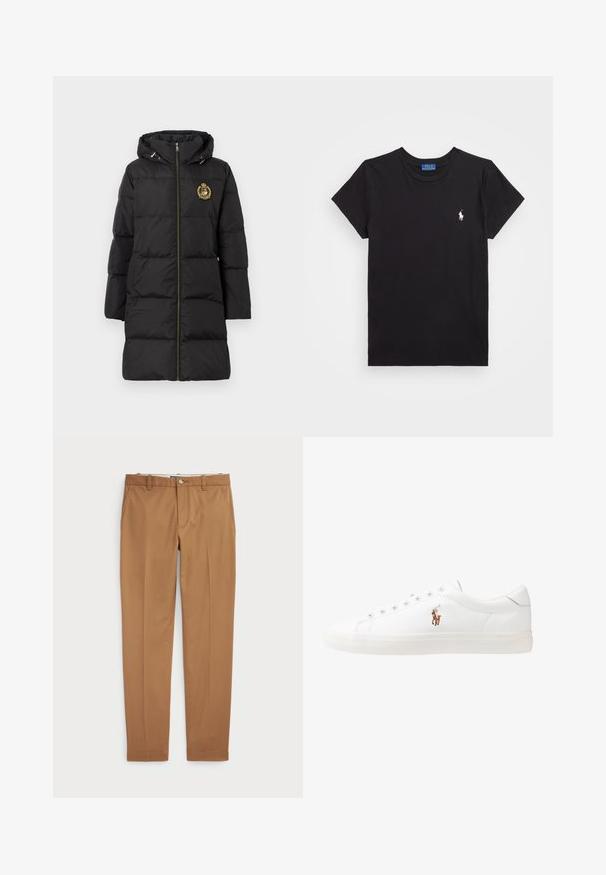 Melnas pūkaina jaka ar kapuci, zelta emblēmas rotājums, vertikāla vīļota dizaina un priekšējā rāvējslēdzēja aizdare. Gluda tekstūra un vidēja garuma piegriezums.; Melnā kokvilnas t-krekls ar apaļu kakla izgriezumu, īsām piedurknēm un balto izšūto logotipu kreisajā krūtī. Gluda tekstūra, ikdienišķs dizains.; Brūni kokvilnas bikses ar šauru piegriezumu, plakanu priekšpusi un standarta kabatām; gluda tekstūra un apšūti manšetes.; Baltas ādas sporta apavi, zema dizaina, ar gludu tekstūru, noapaļotu purngalu, ar auklēm priekšpusē un nelielu izšūtu logotipu sānos.