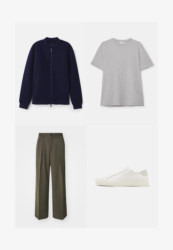 Jachetă bomber bleumarin, fabricată din material texturat, cu fermoar în față, manșete ribbate și două buzunare laterale. Are un design cu guler rotund.; T-shirt scurt gri, fabricat dintr-un material moale și texturat. Dispune de un guler clasic și o margine dreaptă, fiind potrivit pentru purtarea zilnică.; Filippa K WIDE TROUSERS - Pantaloni - driftwood; Tenisii albi din piele cu o suprafață netedă, vârf rotund și un design minimalist. Prezintă accente bej pe toc și o talpă din cauciuc.