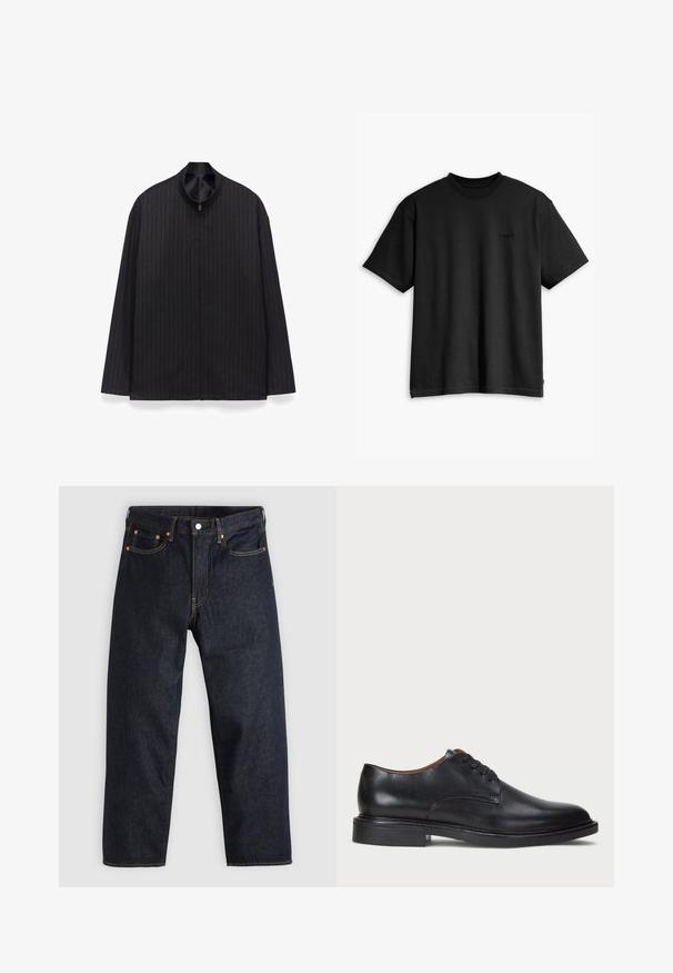 Czarna kurtka z pionowym prążkowanym wzorem, kołnierzem mandarynkowym, długimi rękawami i zamkiem błyskawicznym z przodu. Materiał wydaje się gładki i lekki.; Czarna bawełniana koszulka z okrągłym dekoltem i krótkimi rękawami. Posiada subtelne logo z przodu oraz prostą linię hemu. Prosty i minimalistyczny design.; Granatowe dżinsy w prostym kroju, z pięcioma kieszeniami, kontrastującymi pomarańczowymi szwami oraz zapięciem na guzik. Brak widocznych wzorów lub zdobień.; Czarne skórzane buty wizytowe z okrągłym noskiem, sznurowanym zapięciem i niskim, warstwowym obcasem. Gładka faktura z minimalnymi detalami stębnowania.