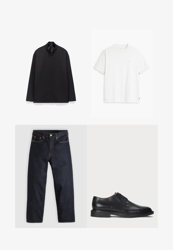 Zwarte jas met verticale gestreepte patroon, opstaande kraag, lange mouwen en een rits aan de voorkant. Materiaal lijkt glad en lichtgewicht.; Witte katoenen T-shirt met korte mouwen, ronde hals en subtiele Levi's logo gedrukt in het midden. Zachte textuur en standaard pasvorm.; Donkerblauwe denim jeans met een rechte snit, vijf zakken, contrasterende oranje stiksels en een knoopsluiting. Geen zichtbare patronen of versieringen.; Zwart leren dresschoen met een ronde neus, vetersluiting en een lage gestapelde hak. Gladde textuur met minimale stiksels.