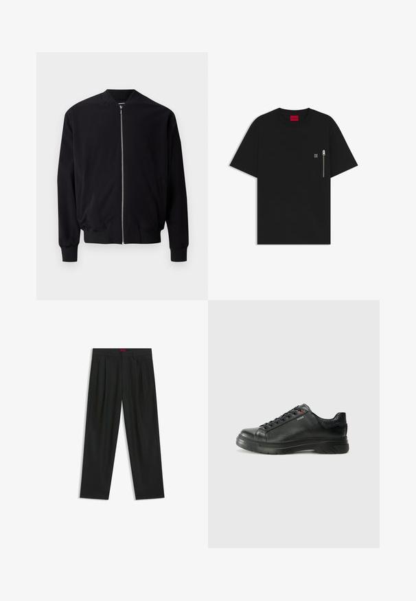 Black bomber jacket featuring a zip front, ribbed cuffs and hem, side pockets, and a smooth fabric texture. Simple and classic design.; Black T-shirt made of cotton, featuring a round neck, short sleeves, and a chest pocket with a silver zipper detail. Small logo on pocket.; Black trousers with a pleated design, wide leg shape, and a smooth texture. Features a red waistband tag.; Black leather sneaker with textured upper, padded collar, and red logo detail. Features a thick rubber sole with distinct tread pattern.