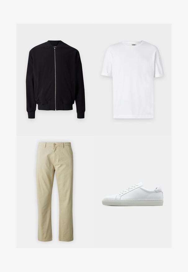 Black bomber jacket featuring a zip front, ribbed cuffs and hem, side pockets, and a smooth fabric texture. Simple and classic design.; White cotton t-shirt with a crew neck, short sleeves, and rolled cuffs; unadorned design, soft texture, and straight cut.; Beige cotton trousers with a straight-leg design, front button closure, and belt loops. Smooth texture, no visible patterns or accents.; White sneaker with a smooth leather upper and a low profile. Features a rounded toe, six eyelets, and a textured rubber sole.
