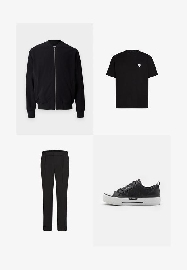 Svart bomberjacka med dragkedja fram, ribbade ärmslut och nederkant, sidofickor och en mjuk tygtextur. Enkel och klassisk design.; Svart bomullströja med korta ärmar, rund halsringning och en liten vit hjärtgrafik på vänster bröstområde.; Svarta byxor med elastisk midja, med en rak bendesign och uppvikta fållar. Tillverkade av glatta, vävda tyger utan mönster.; Svart låg sneaker med mönstrad kanvasöverdel, vit gummikappa, texturerad sula och logotypdetalj på sidan. Metallöglor för snörning.