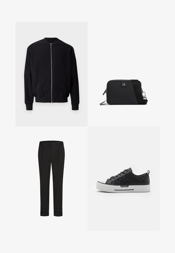 Melnā bumbvedēju jaka ar rāvējslēdzēju priekšā, ribotām aprocēm un apakšmalu, sānu kabatām un gludu auduma tekstūru. Vienkāršs un klasiks dizains.; Melna kokvilnas t-krekls ar īsām piedurknēm, apaļu kakla izgriezumu un nelielu baltu sirds grafiku kreisajā krūšu daļā.; Melni bikses ar elastīgu jostu, ar taisna piegriezuma dizainu un sarullētām piedurknēm. Izgatavotas no gluda, auduma bez rakstiem.; Melns zemas sporta apavi ar rakstainu kanvas augšdaļu, baltu gumijas pirkstu daļu, teksturētu zoli un logotipa akcentu sānos. Metāla acu caurumi šņorēm.; Melnā taisnstūra soma, kas izgatavota no teksturēta materiāla, ar rāvējslēdzēja aizdares, regulējamu siksnu un logotipa uzšuvumu priekšā.