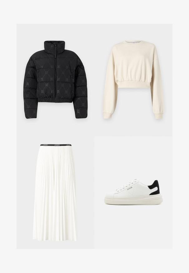 Fekete puffersdzseki cropped fazonnal, magas gallérral, elülső cipzárral és a "HUGO" minta ismétlésével az egész felületen. Puha, steppelt textúra.; Rövidre vágott, bézs színű pulóver, hosszú, puffos ujjal. Rugalmas derékkal és bordázott mandzsettával rendelkezik. Diszkrét logó hímezve a nyakkivágás közelében.; Plisszírozott fehér szoknya fekete elasztikus derékkal, amelyen a "LACOSTE" logó található. Középhosszú kialakítás, puha tapintással.; Fehér bőr sportcipők vastag fehér talppal, fekete velúr sarokpikkelyel és dombornyomott logóval az oldalon. Fűzős kialakítás, hat fűzőlyukkal.