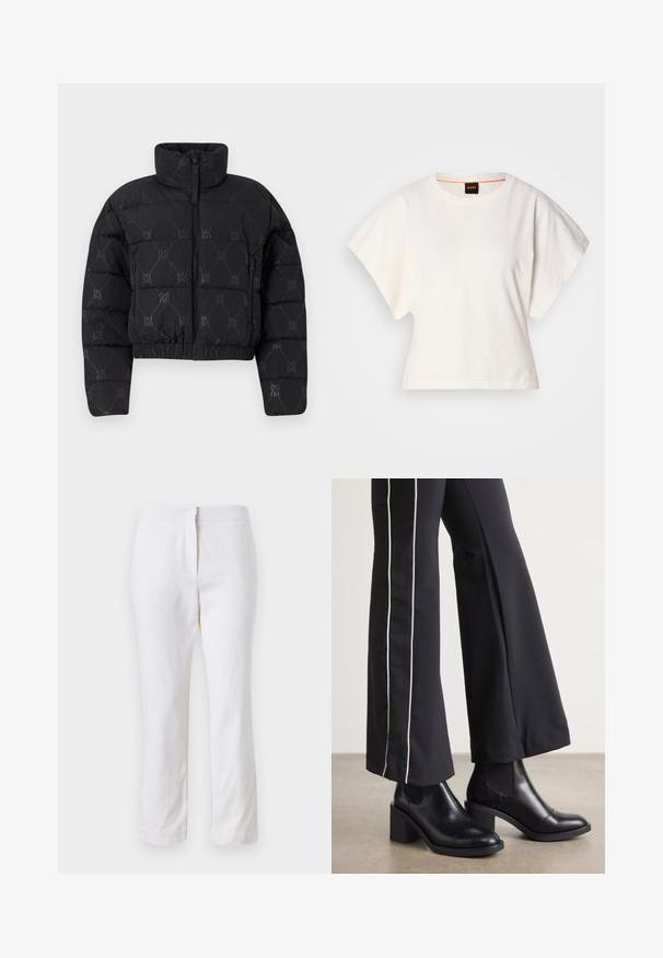 Chaqueta puffer negra con diseño cropped, que presenta un alto collar, cremallera frontal y un patrón repetido de "HUGO" en toda la prenda. Textura suave y acolchada.; Camiseta blanca recortada, con mangas cortas y anchas, material de algodón suave, cuello redondo con un sutil ribete naranja, diseño minimalista, sin patrones ni gráficos.; Pantalones de algodón blancos con un diseño de pierna recta, que cuentan con una cintura de media altura y sin herrajes o patrones visibles. Textura suave en todo su recorrido.; Botines de cuero negro con tacón cuadrado, con paneles laterales elásticos. Combinados con pantalones negros que tienen una franja blanca lateral.