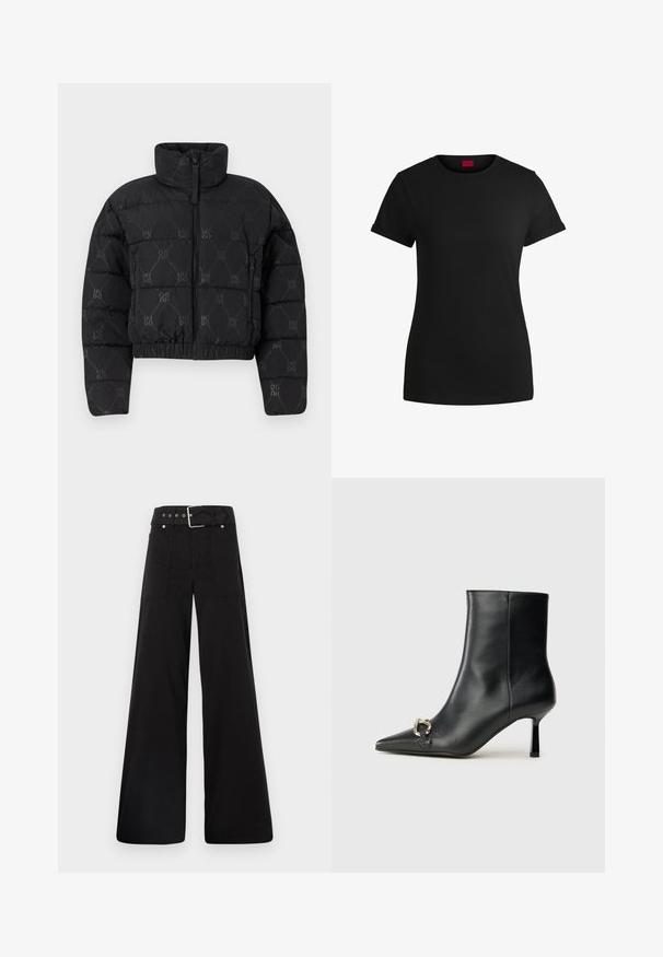 Jachetă puf cu un design scurt, de culoare neagră, având un guler înalt, fermoar frontal și un model repetitiv "HUGO" pe întreaga suprafață. Textură moale, matlasată.; Tricou din bumbac negru, cu mâneci scurte și răsucite, decolteu rotund și etichetă roșie. Textură netedă, formă ajustată și detalii minime.; Pantaloni negri cu croială largă, confecționați din bumbac, cu talie înaltă, buzunare laterale mari și talie prevăzută cu brâu cu accente din metal argintiu.; Botine negre din piele, cu vârf ascuțit, toc subțire de înălțime medie și detaliu cu cataramă argintie pe lateral, pe un fundal simplu.